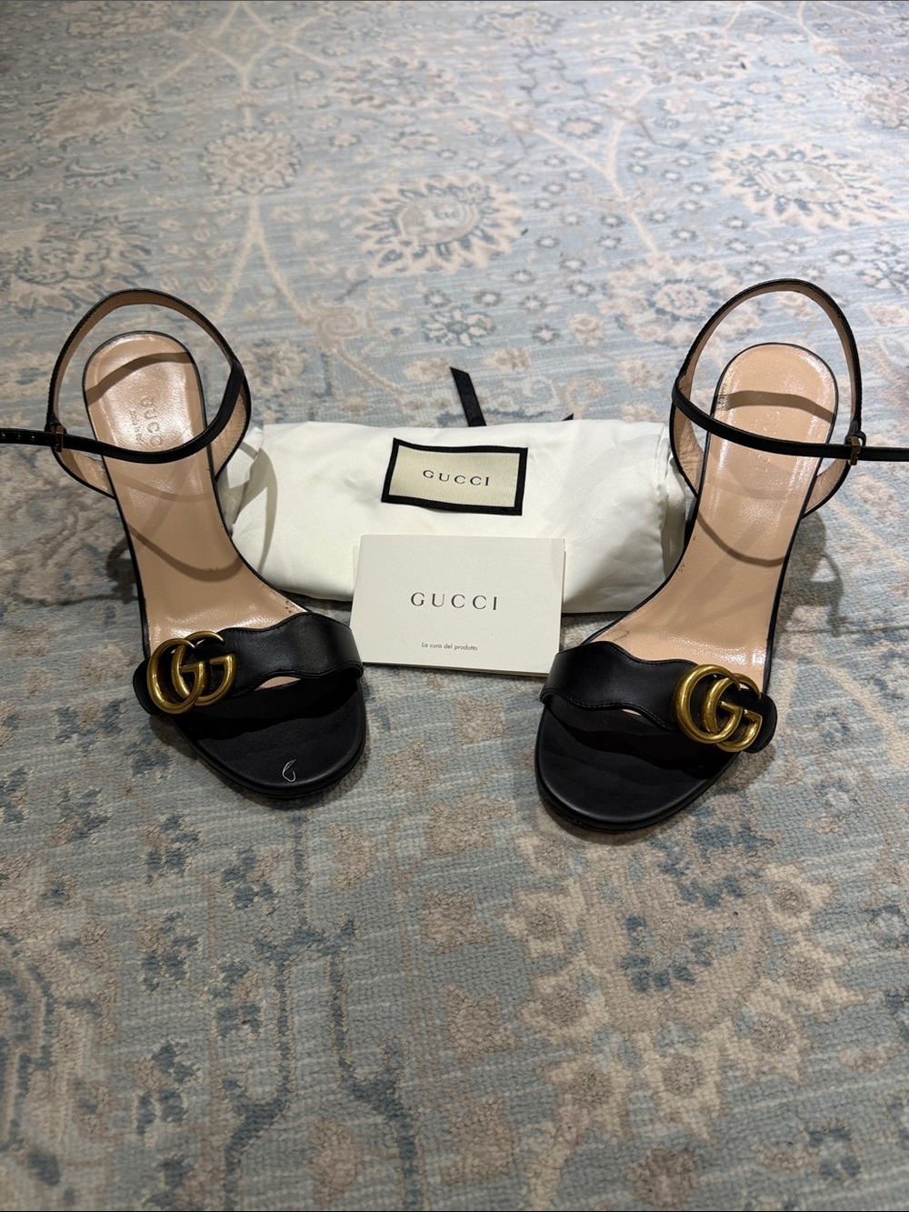 Gucci Black Leather Heeled Sandals with Gold Double G Size 38